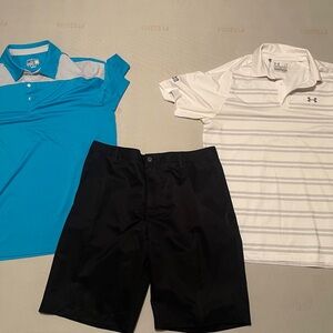 Men’s two large shirts and size 36 black shorts bundle.